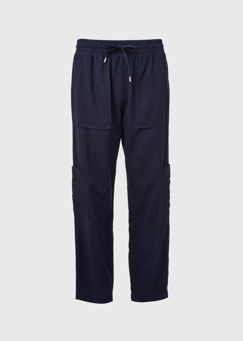 Navy Linen Tapered Cargo Trousers