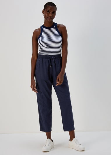 Navy Linen Tapered Cargo Trousers