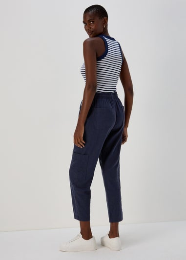 Navy Linen Tapered Cargo Trousers
