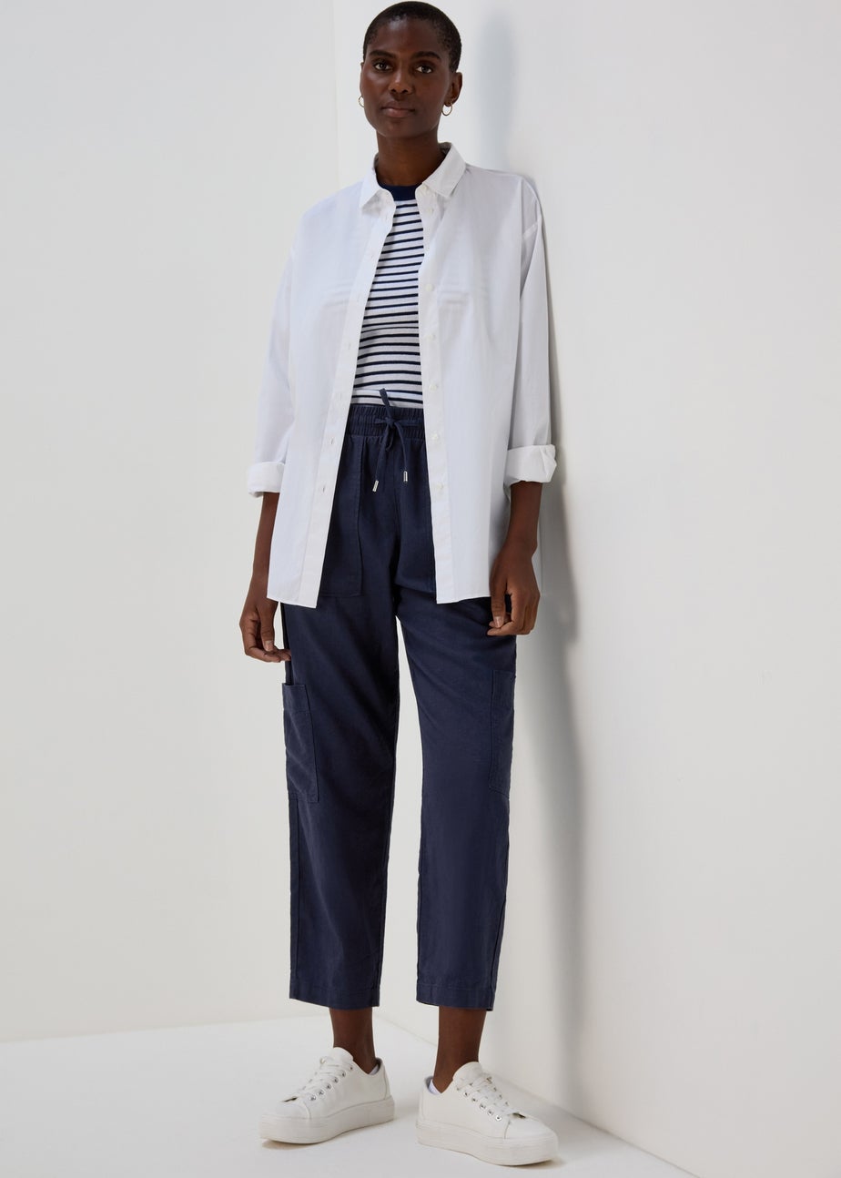 Navy Linen Tapered Cargo Trousers