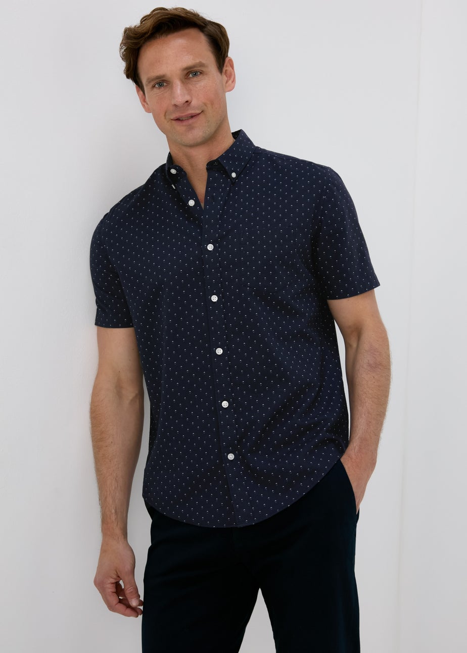 Navy Print Oxford Short Sleeve Shirt