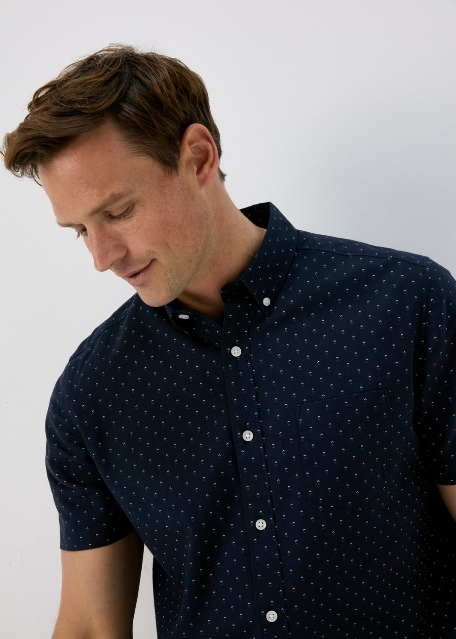 Navy Print Oxford Short Sleeve Shirt