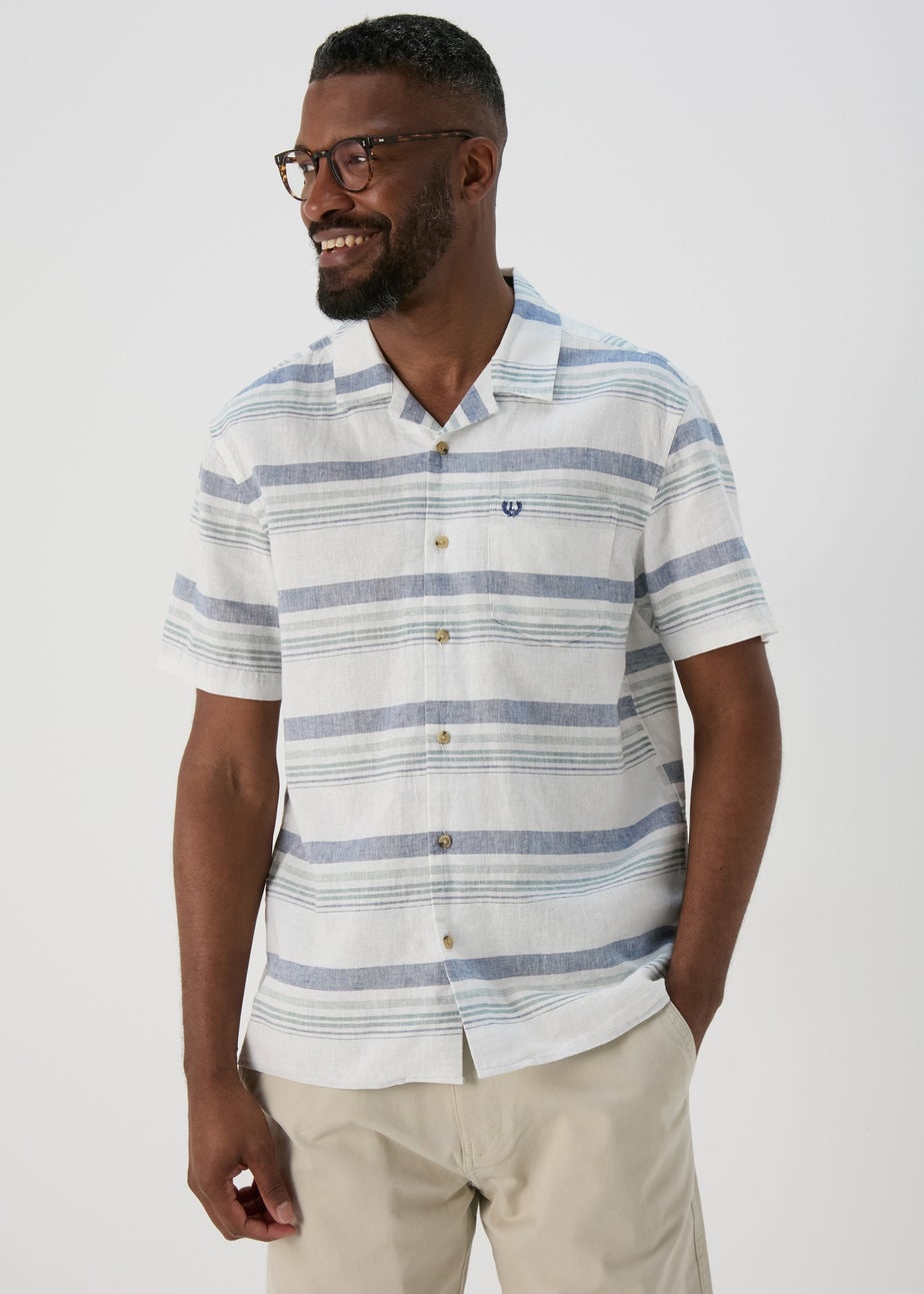 White Linen Horizontal Stripe Revere Shirt