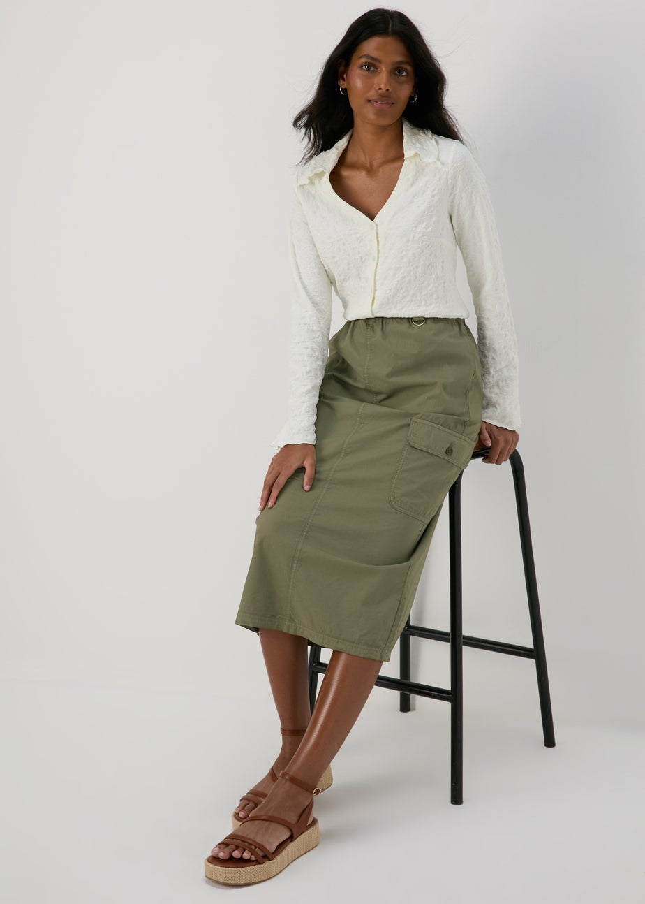 Khaki Cargo Utility Midi Skirt