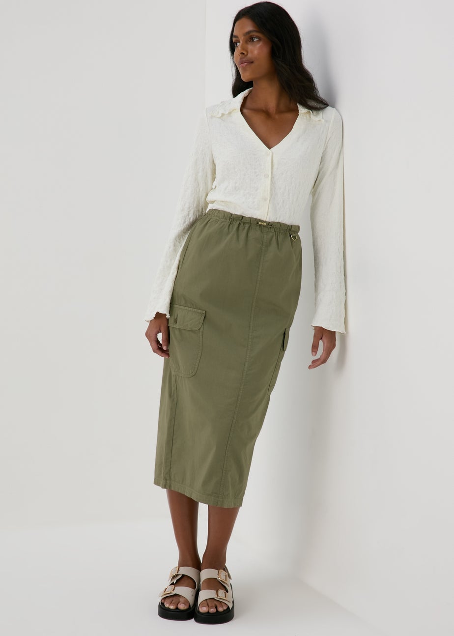 Khaki Cargo Utility Midi Skirt