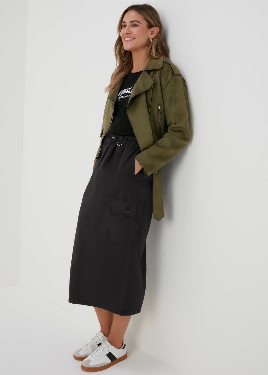 Black Cargo Utility Midi Skirt
