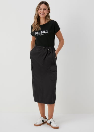 Black Cargo Utility Midi Skirt