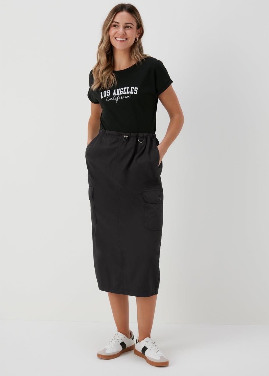 Black Cargo Utility Midi Skirt