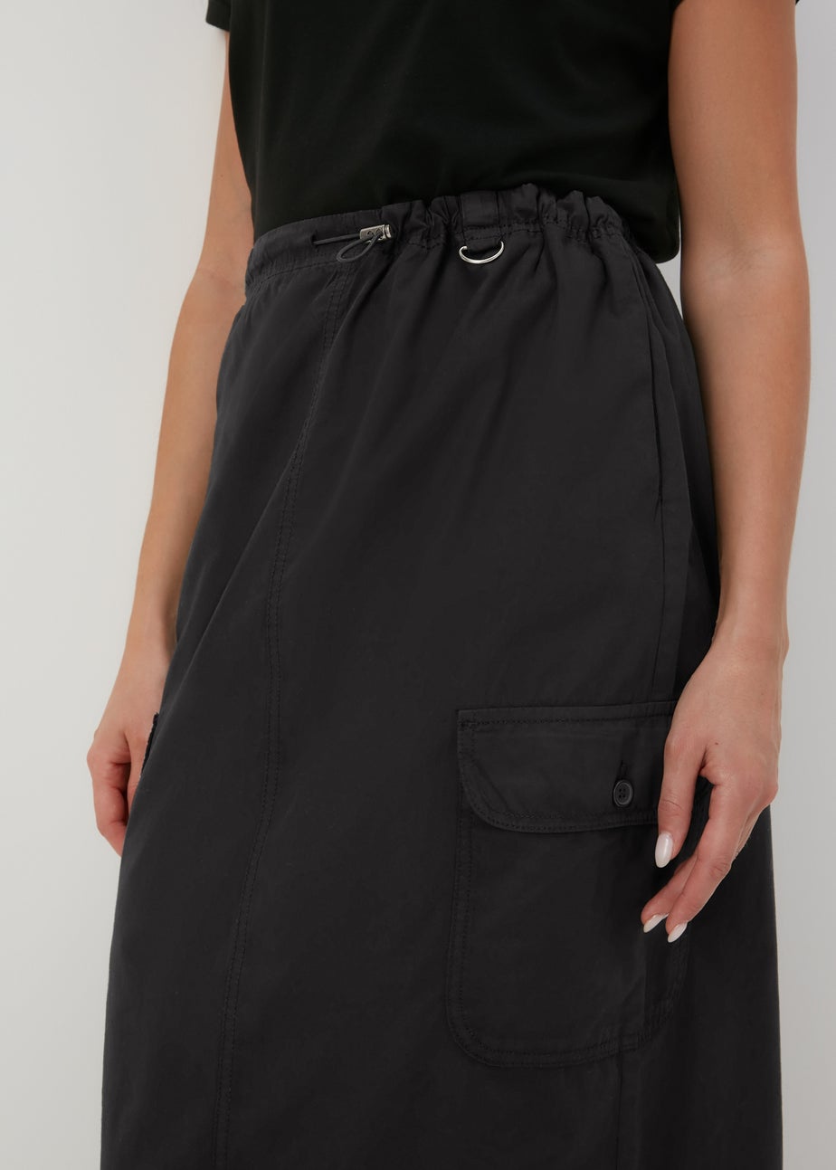 Black Cargo Utility Midi Skirt