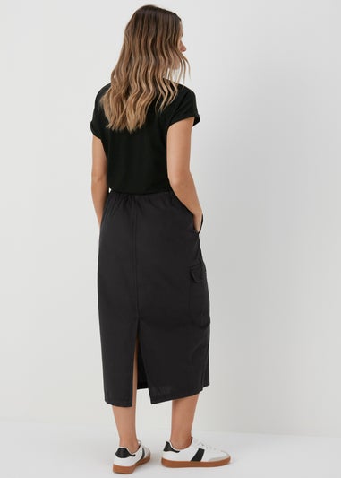Black Cargo Utility Midi Skirt