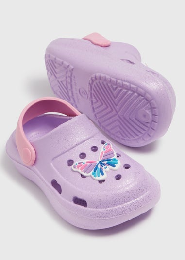 Girls Lilac Butterfly Badge Clogs (Younger 4-12)