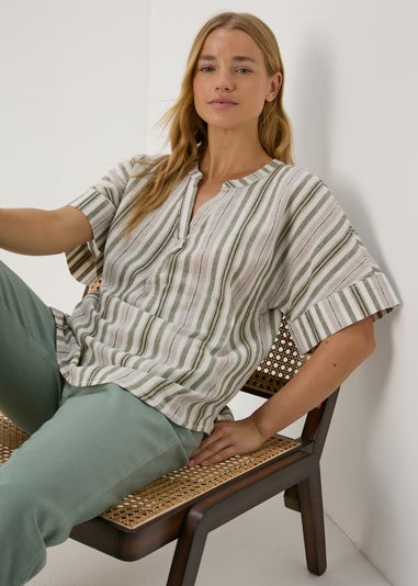 Green Stripe Linen Popover Top