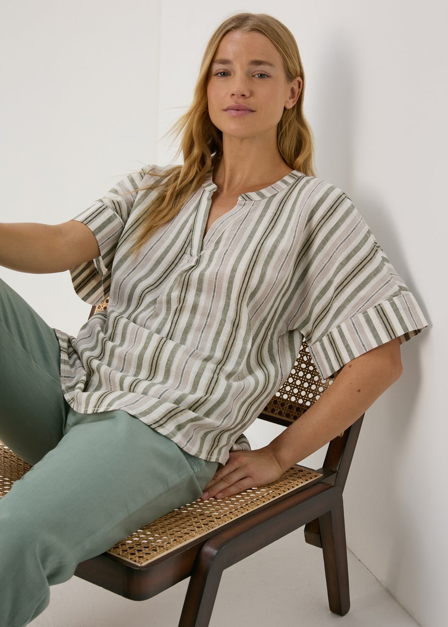 Green Stripe Linen Popover Top