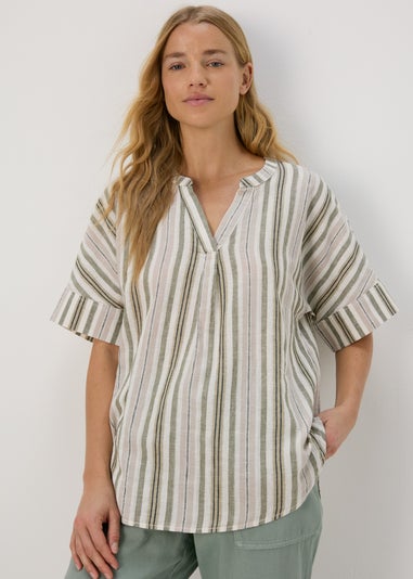 Green Stripe Linen Popover Top