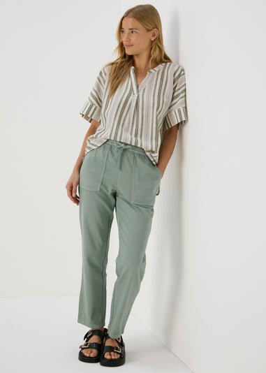 Green Stripe Linen Popover Top