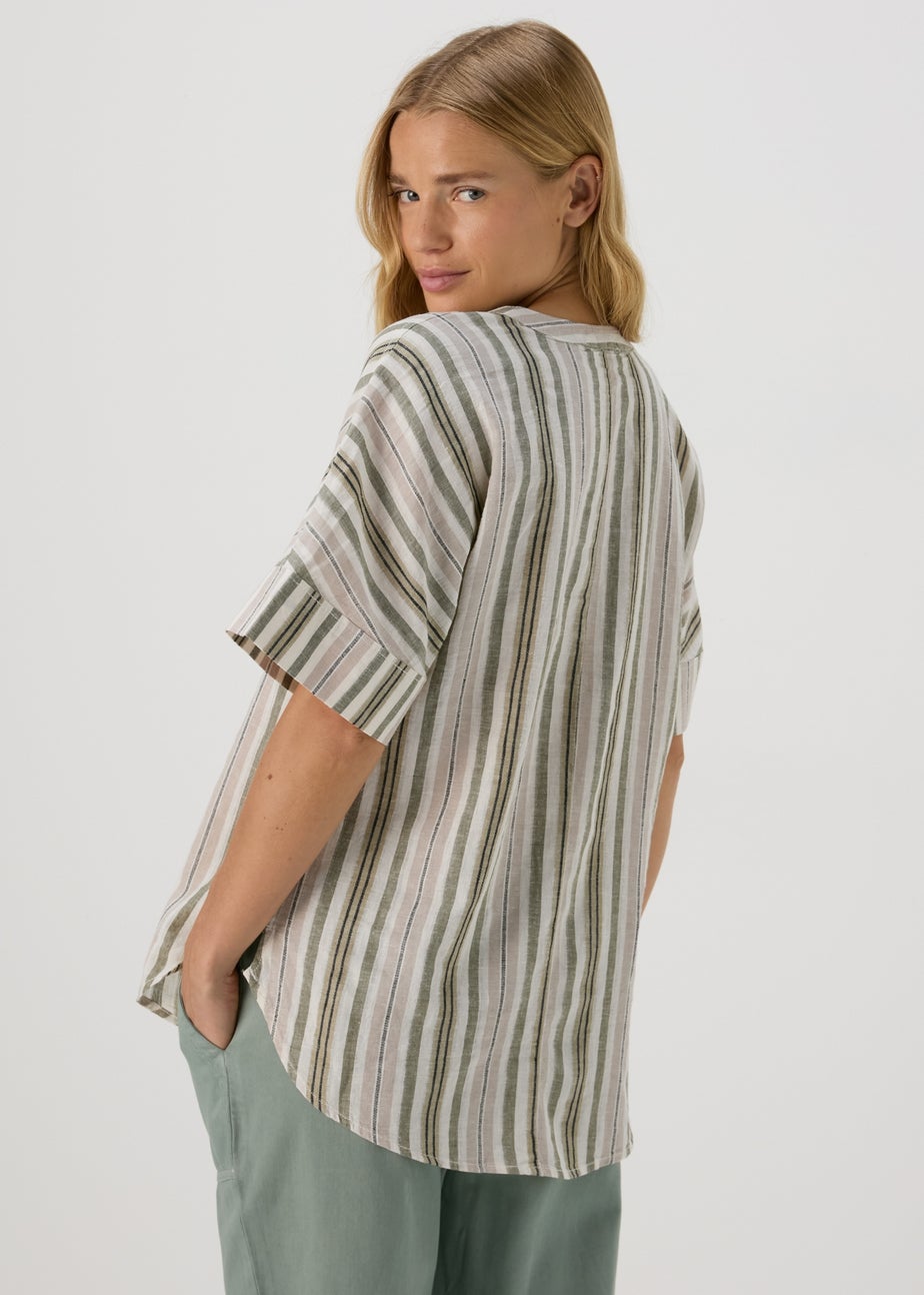 Green Stripe Linen Popover Top