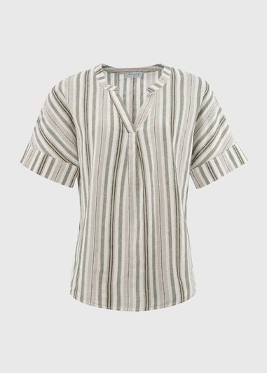 Green Stripe Linen Popover Top
