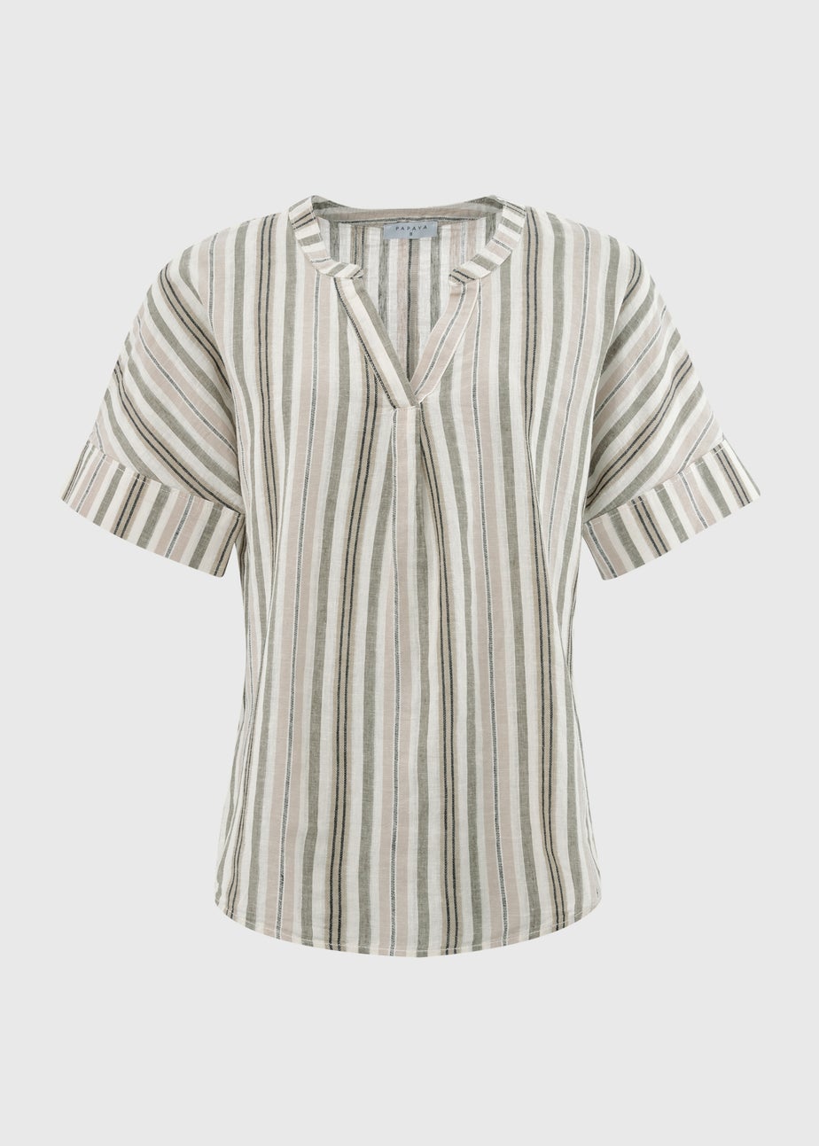 Green Stripe Linen Popover Top