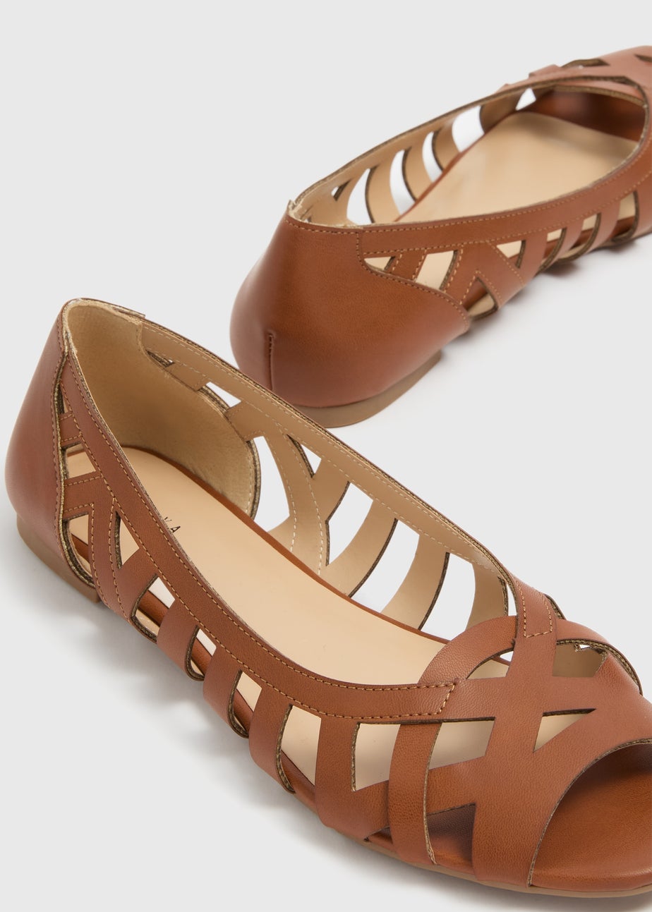 Tan Peep Toe Flat Sandals