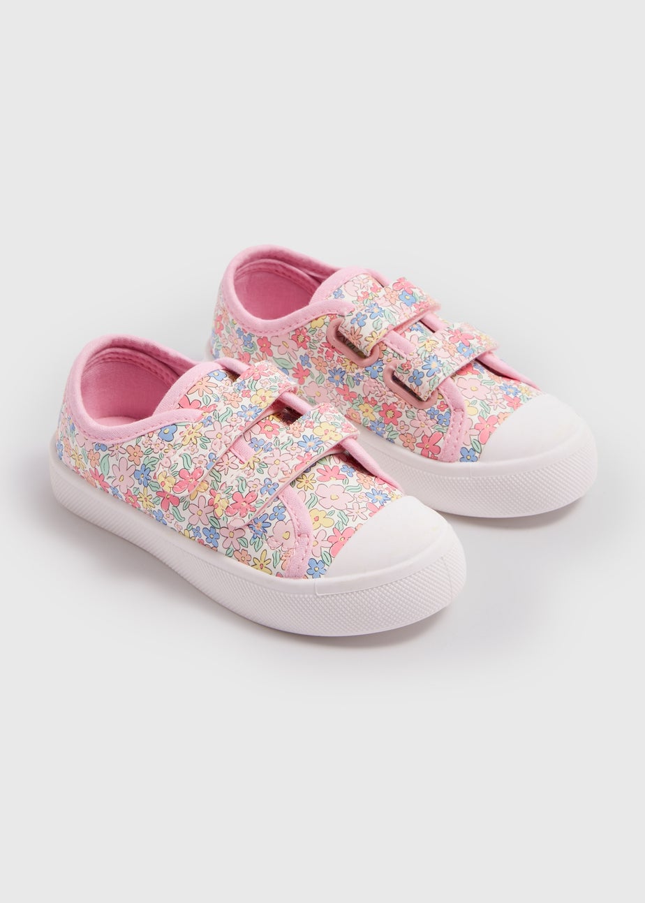 Girls Pink Floral PU Strap Trainers (Younger 4-12)