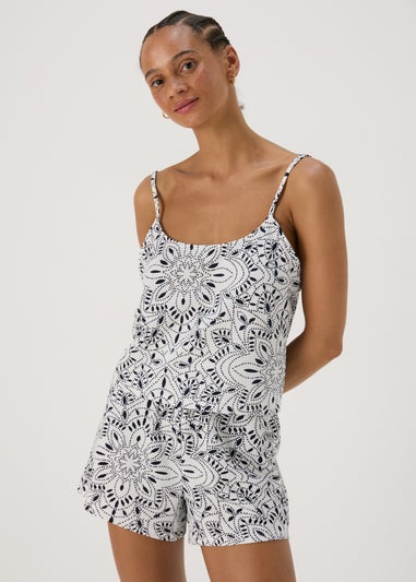White & Blue Floral Print Co Ord Shorts