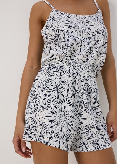 White & Blue Floral Print Co Ord Shorts