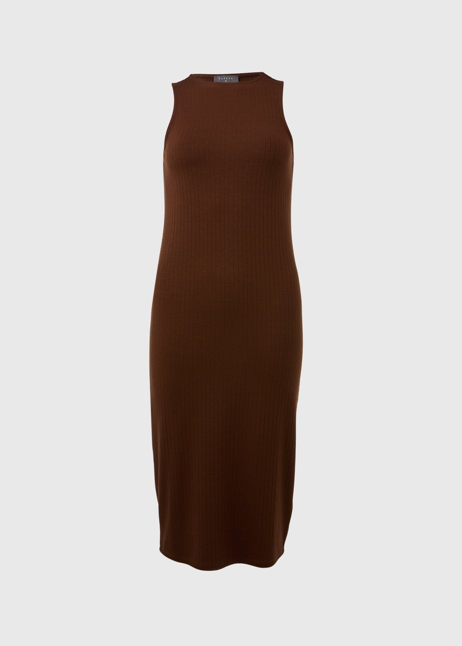 Brown Racer Ribbed Midi Dress