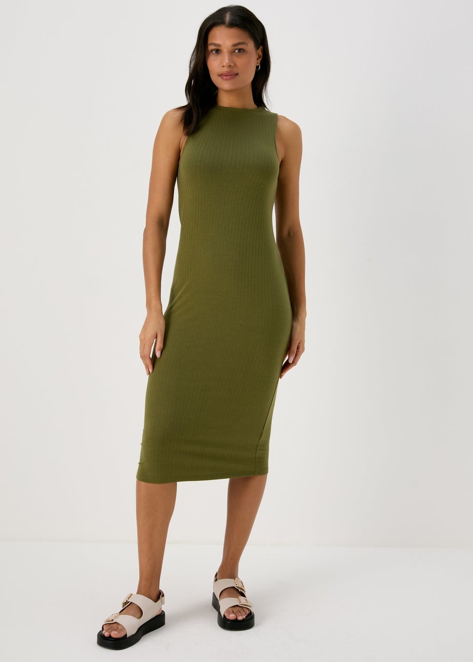 Khaki Racer Ribbed Midi Dress