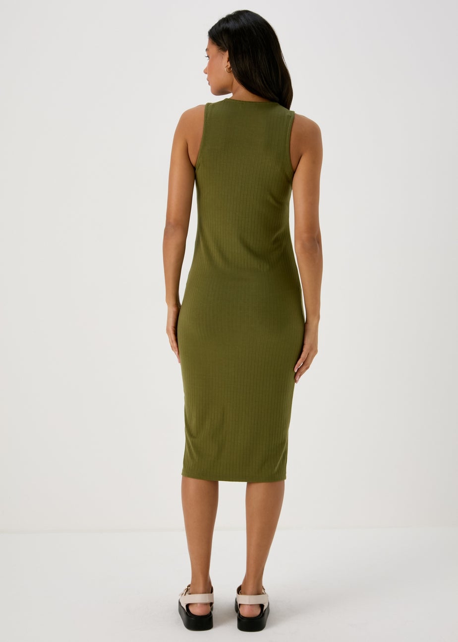 Khaki Racer Ribbed Midi Dress