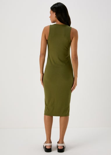 Khaki Racer Ribbed Midi Dress