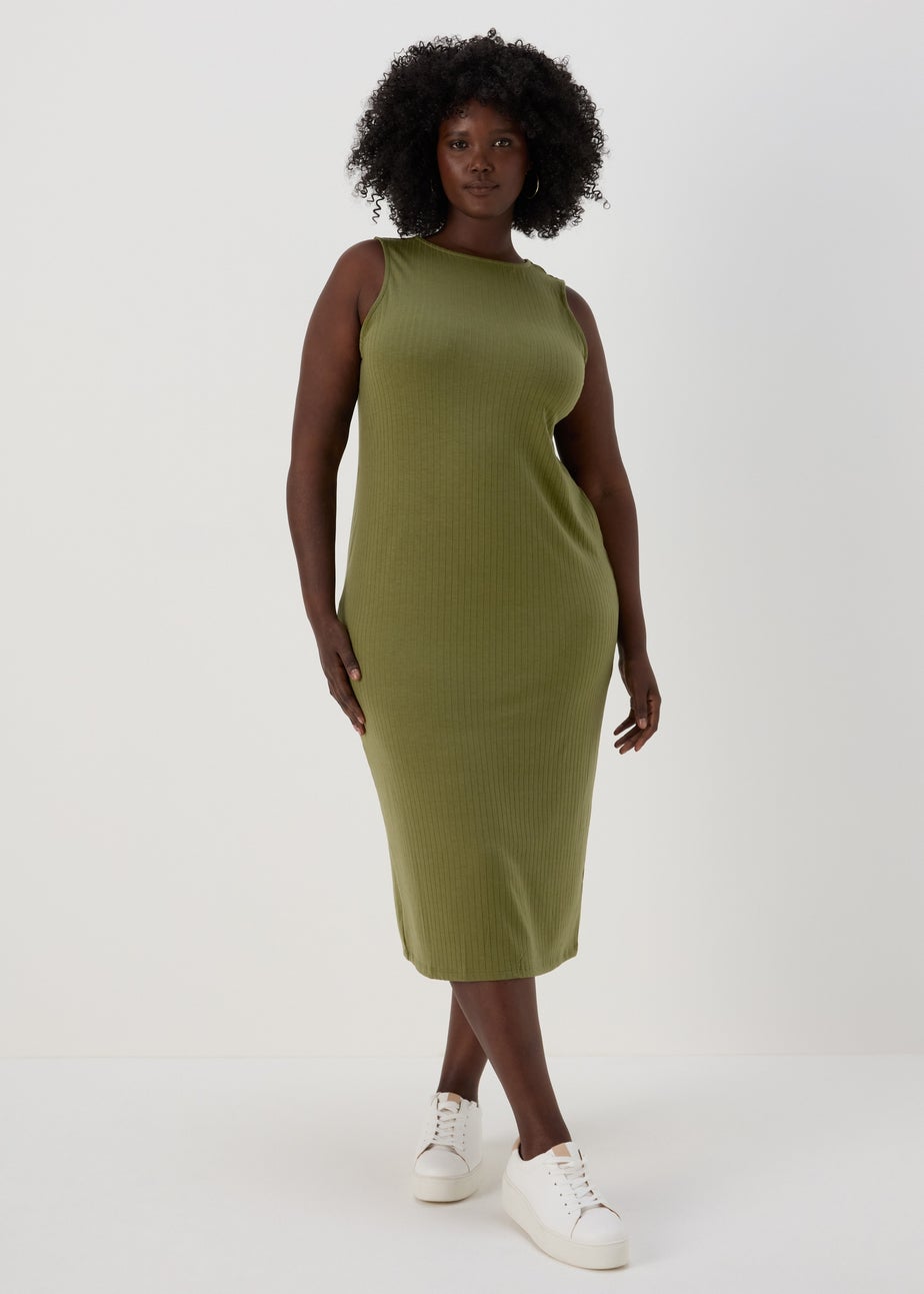 Khaki Racer Ribbed Midi Dress