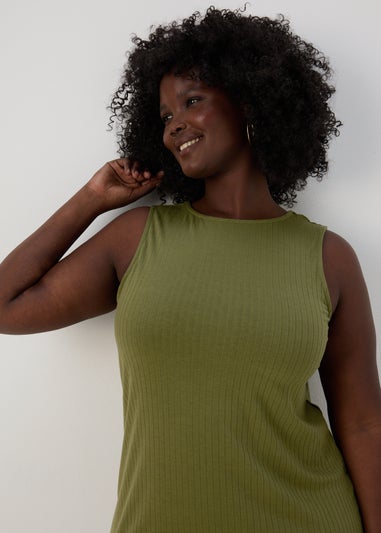 Khaki Racer Ribbed Midi Dress
