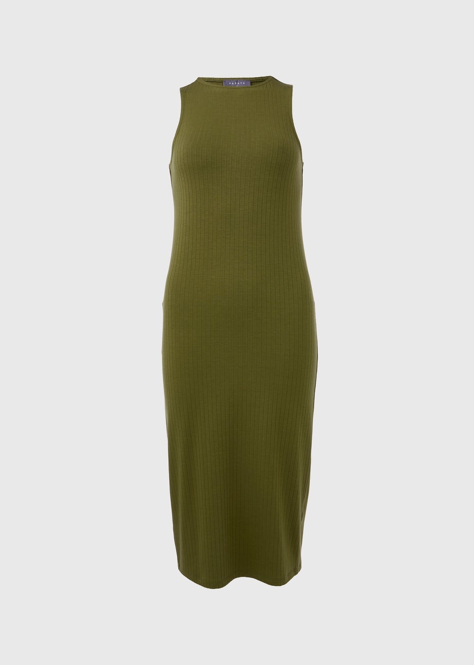 Khaki Racer Ribbed Midi Dress