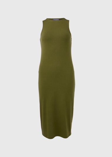 Khaki Racer Ribbed Midi Dress