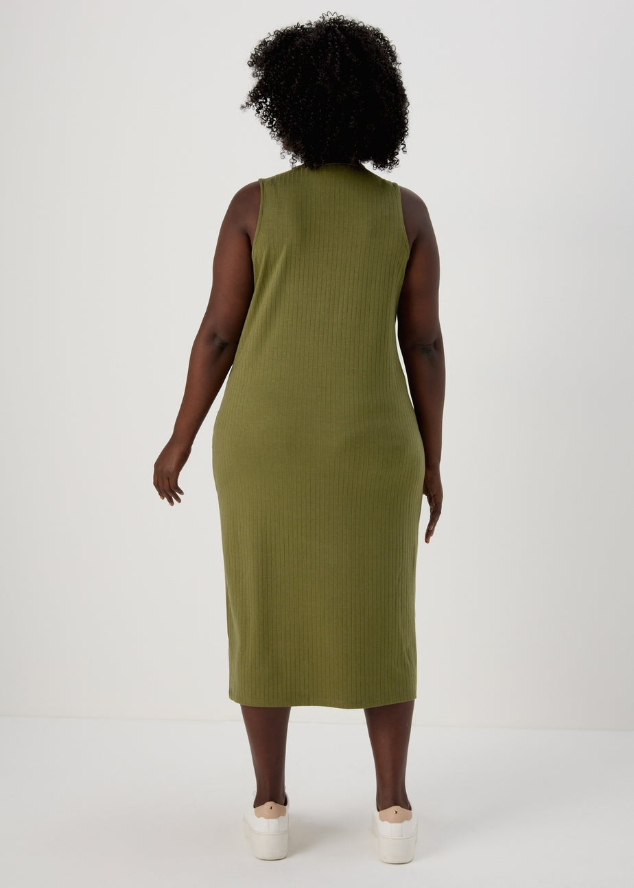 Khaki Racer Ribbed Midi Dress