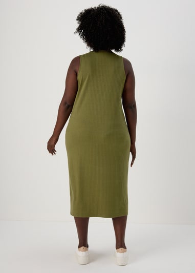 Khaki Racer Ribbed Midi Dress