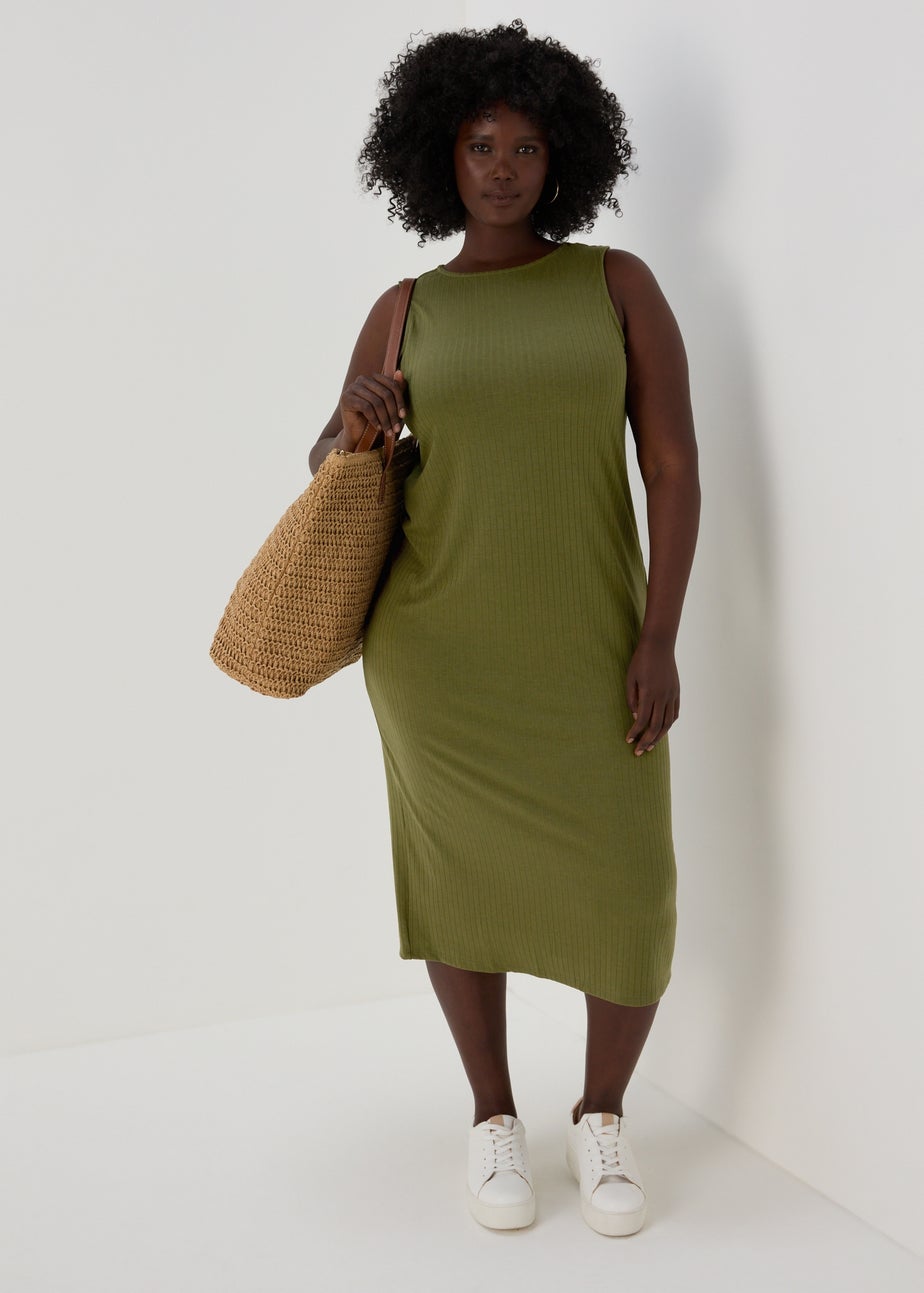 Khaki Racer Ribbed Midi Dress