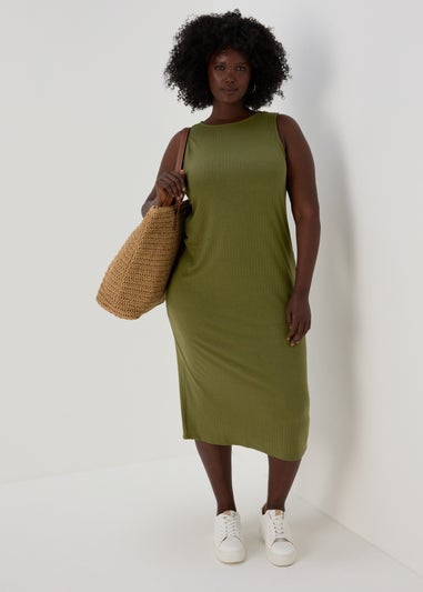 Khaki Racer Ribbed Midi Dress