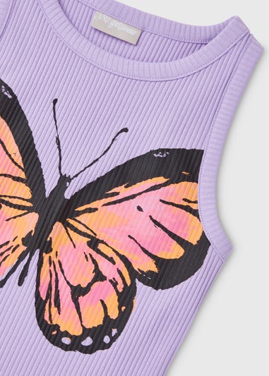 Girls Lilac Butterfly Ribbed Vest (7-15yrs)