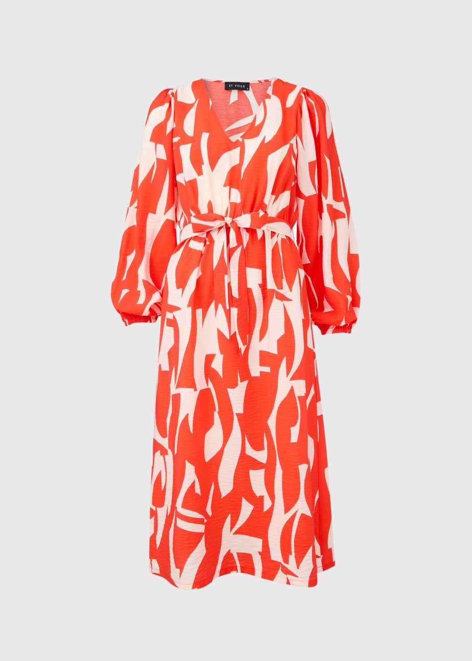 Et Vous Red Abstract Print Balloon Sleeves Dress