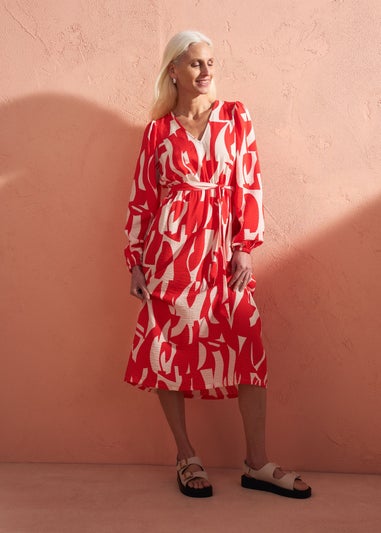 Et Vous Red Abstract Print Balloon Sleeves Dress