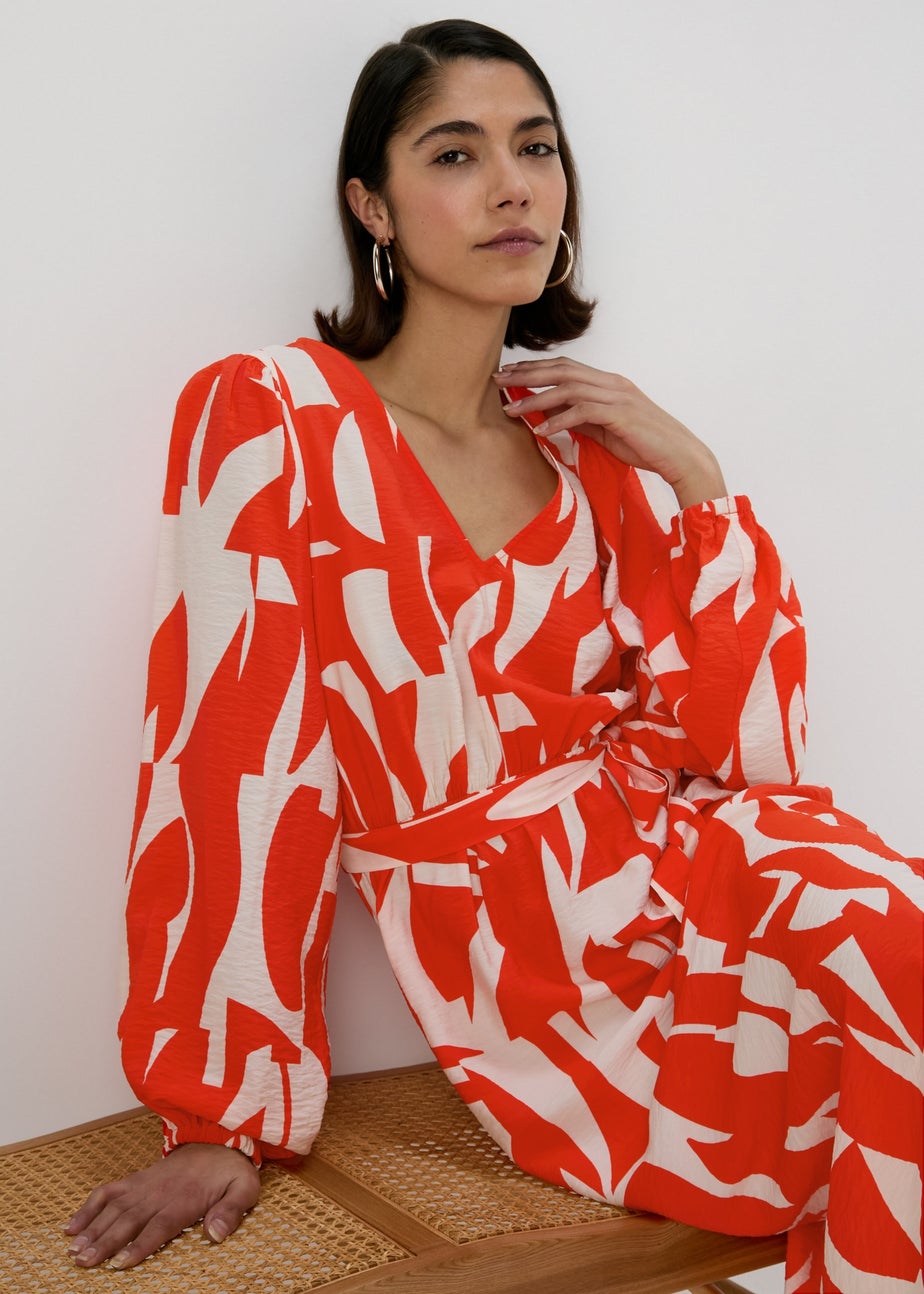 Et Vous Red Abstract Print Balloon Sleeves Dress