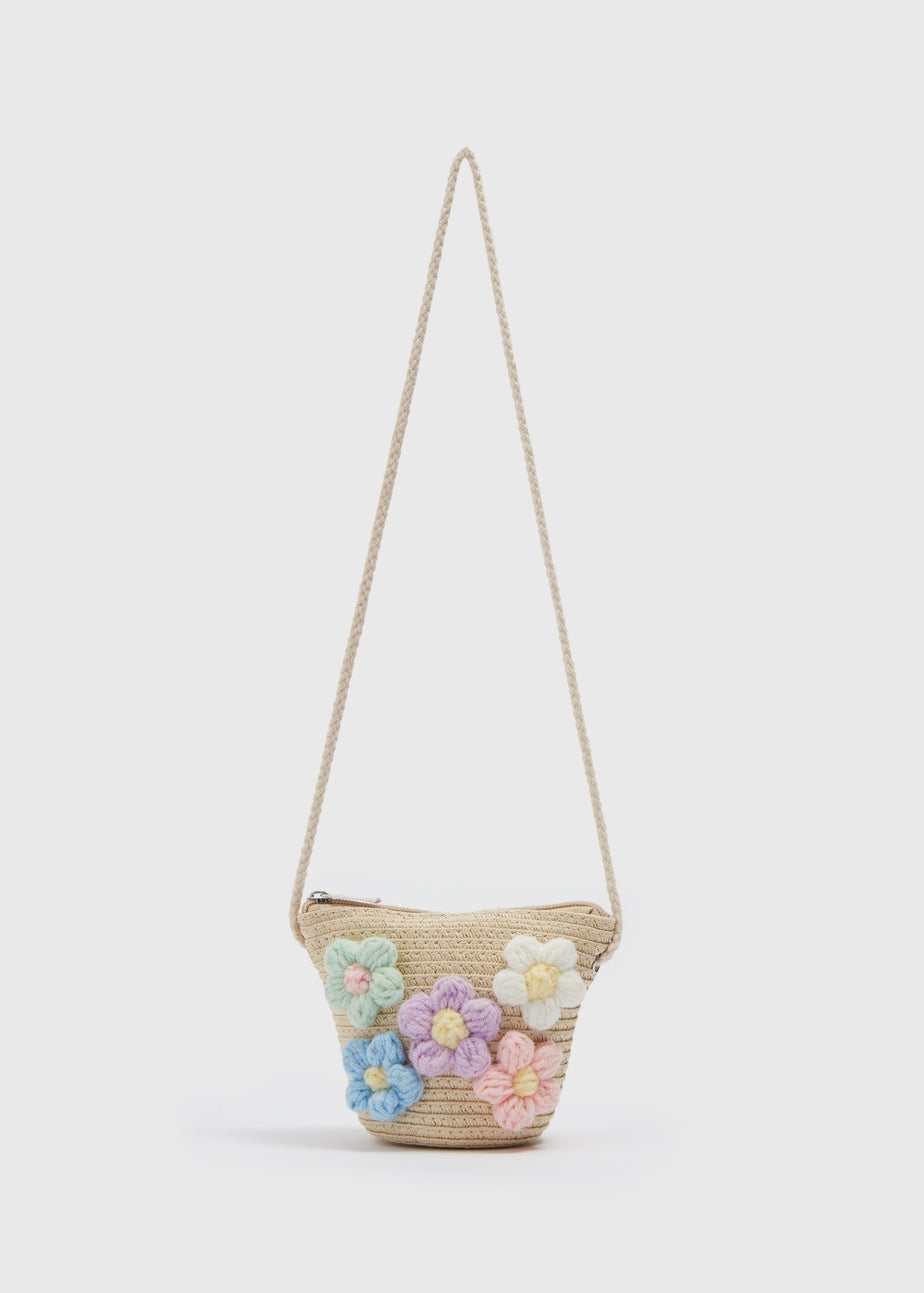 Beige Daisy Crossbody Straw Bag (10.5x15x6cm)