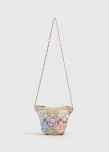 Beige Daisy Crossbody Straw Bag (10.5x15x6cm)