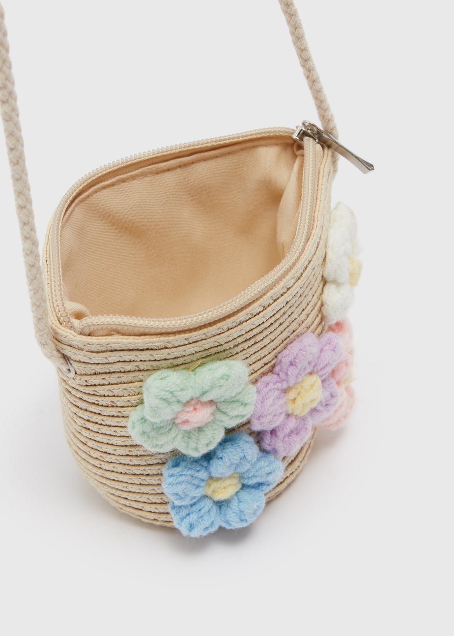 Beige Daisy Crossbody Straw Bag (10.5x15x6cm)
