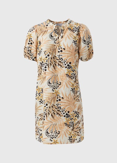 Beige Leaf Print Linen Dress