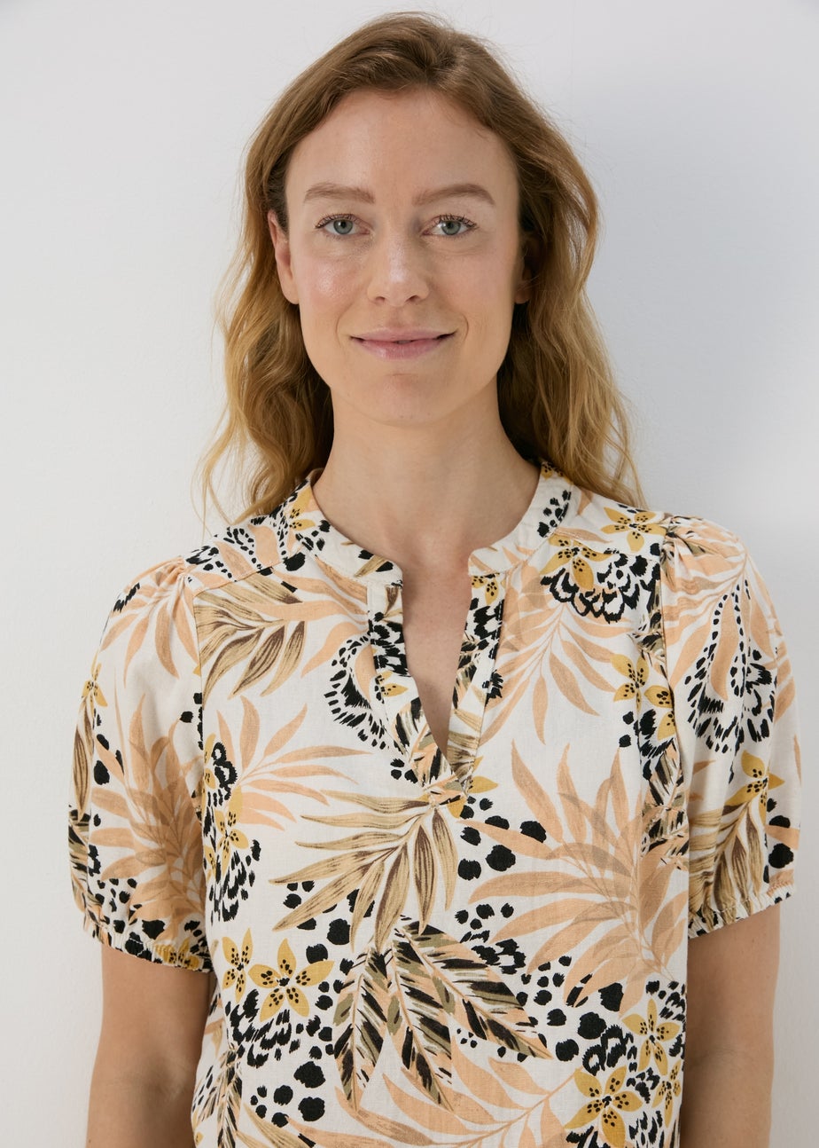 Beige Leaf Print Linen Dress