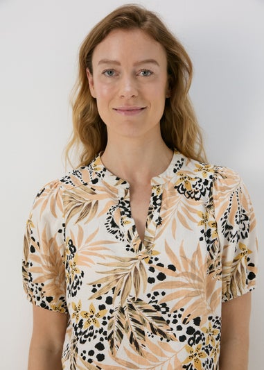 Beige Leaf Print Linen Dress