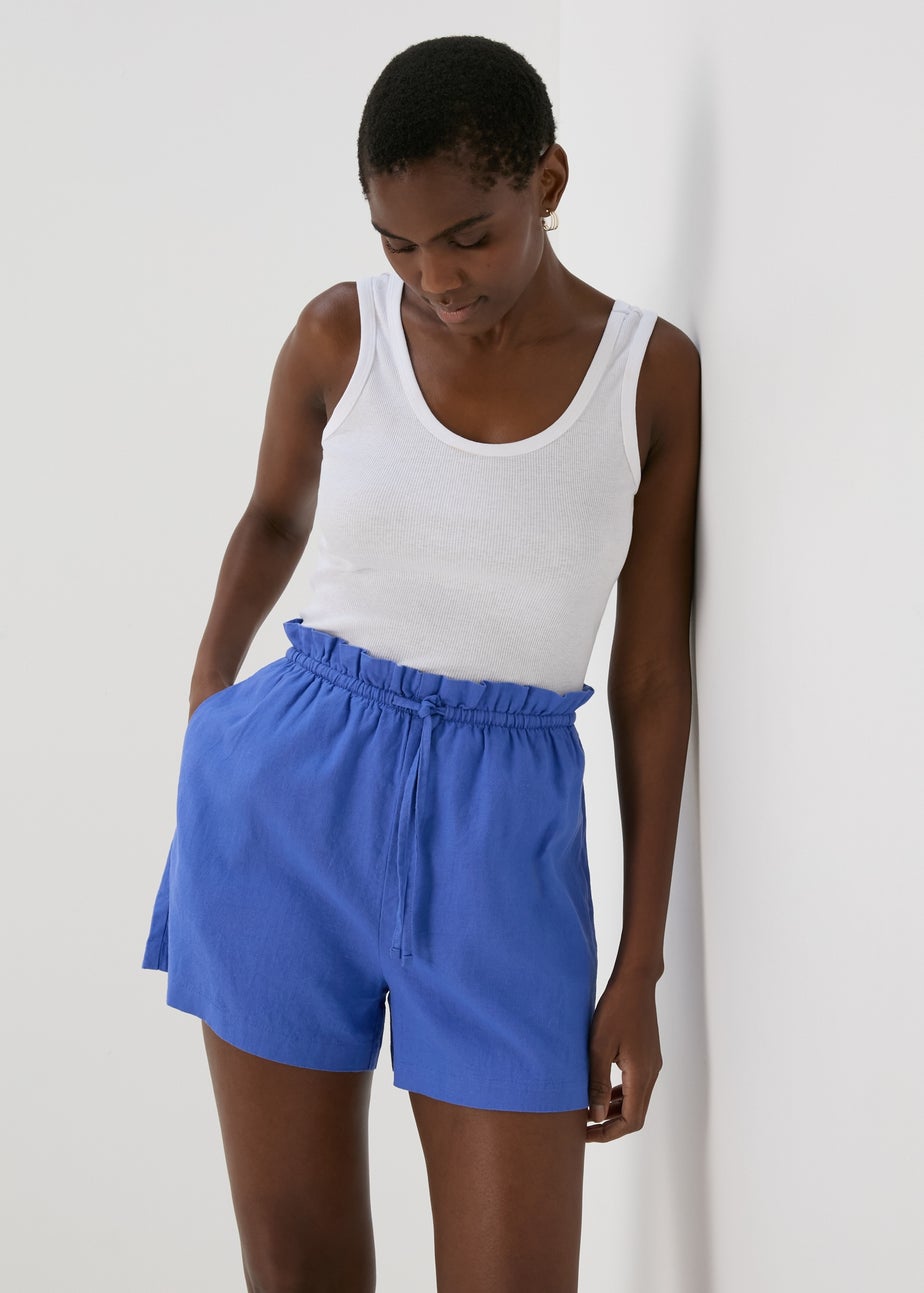 Blue Solid Pull On Linen Shorts