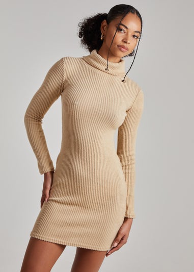Pink Vanilla Cream Chunky Brushed Rib Roll Neck Dress